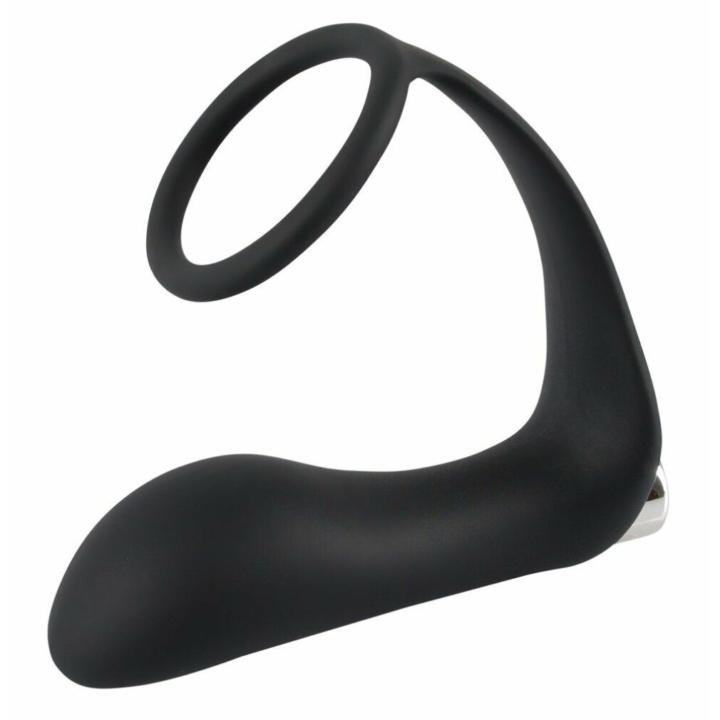 Schwarzer Penisring mit Analplug. Gebogene Form mit Ring. Silberfarbener Knopf am Ende.