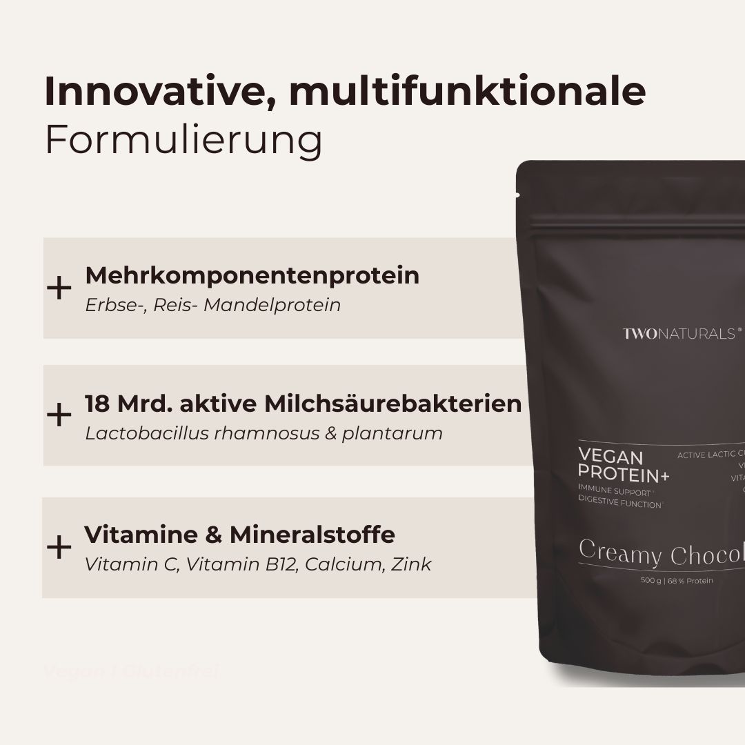 Beutel mit TWONATURALS VEGAN PROTEIN+. Enthält Mehrkomponentenprotein, 18 Mrd. aktive Milchsäurebakterien, Vitamine & Mineralstoffe.