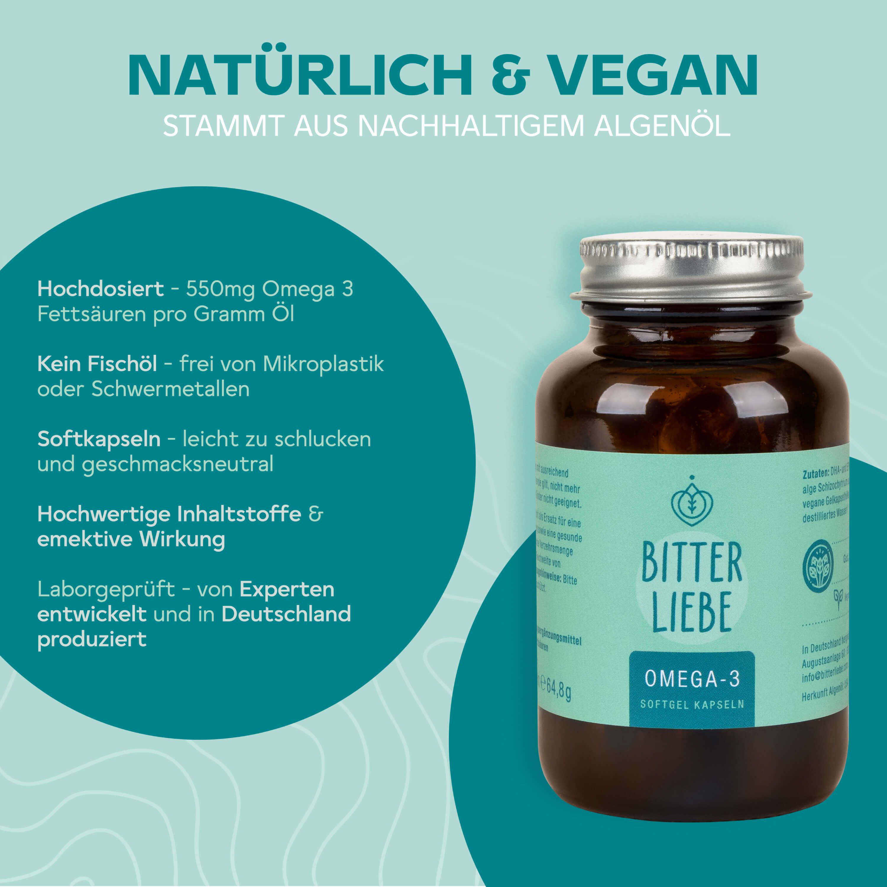 Braune Glasflasche mit silbernem Deckel. Text: "Natürlich & Vegan", "BitterLiebe Omega-3 Softgel Kapseln". Textabschnitte mit Produktinformationen.