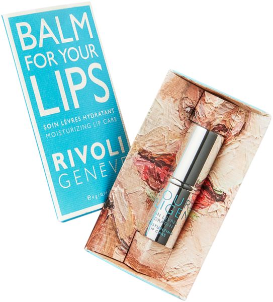 Lippenpflegestift und Verpackung. Auf der Verpackung steht: BALM FOR YOUR LIPS, Rivoli Genève, Soin Lèvres Hydratant.