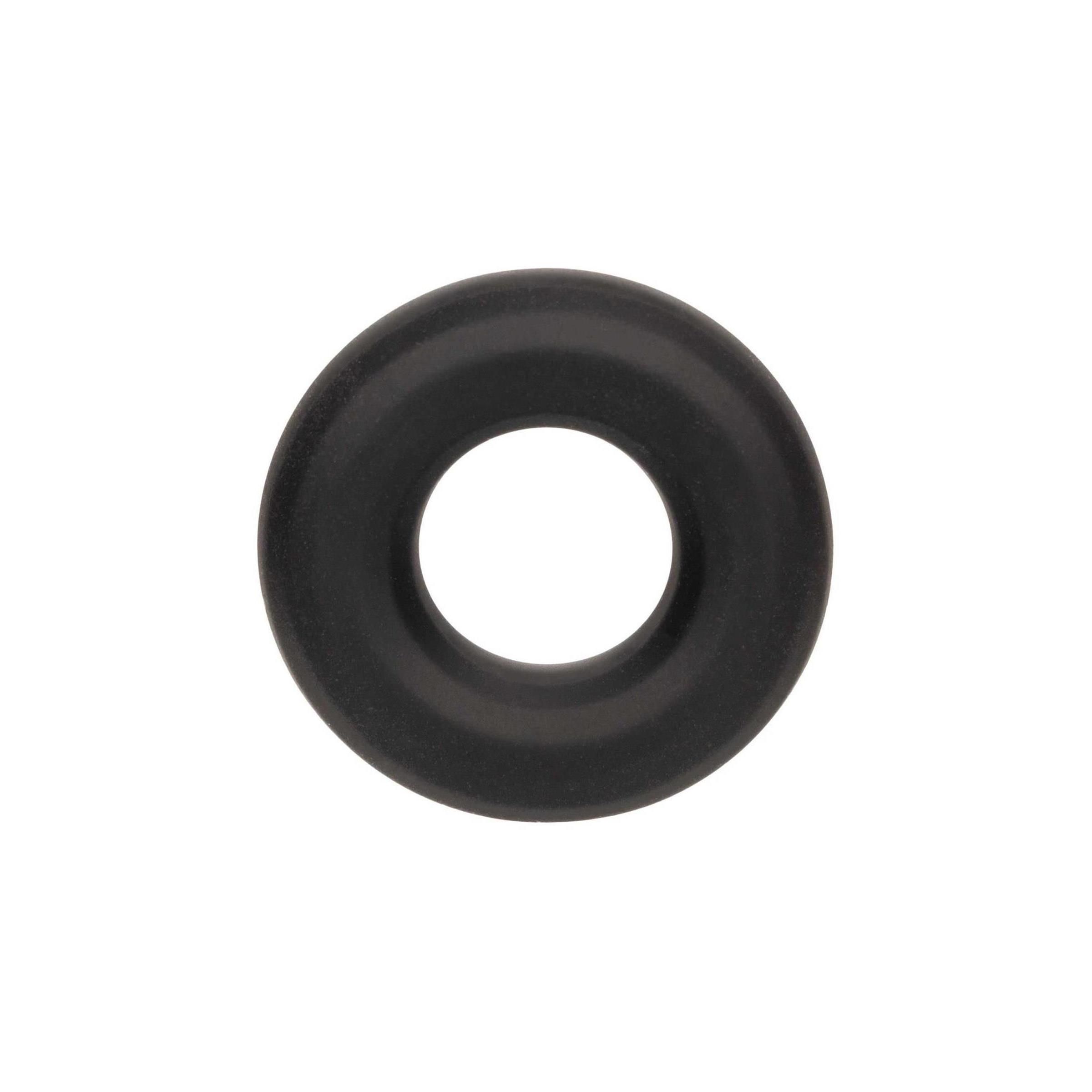 Schwarzer Ring mit Loch in der Mitte. Aus Gummi oder Silikon.