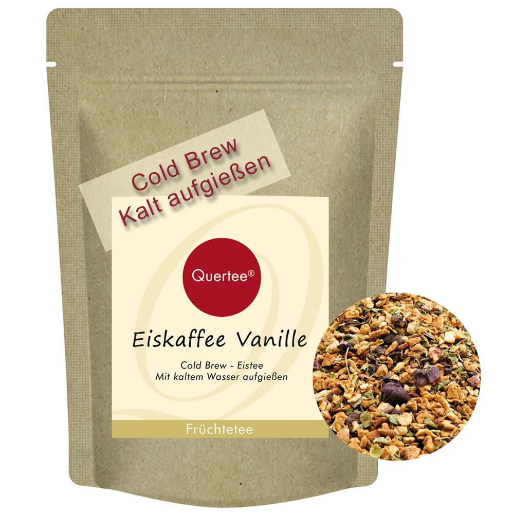 Beutel mit Quertee Eiskaffee Vanille. Aufkleber mit Produktinformationen und einer Abbildung des Tee-Granulats.