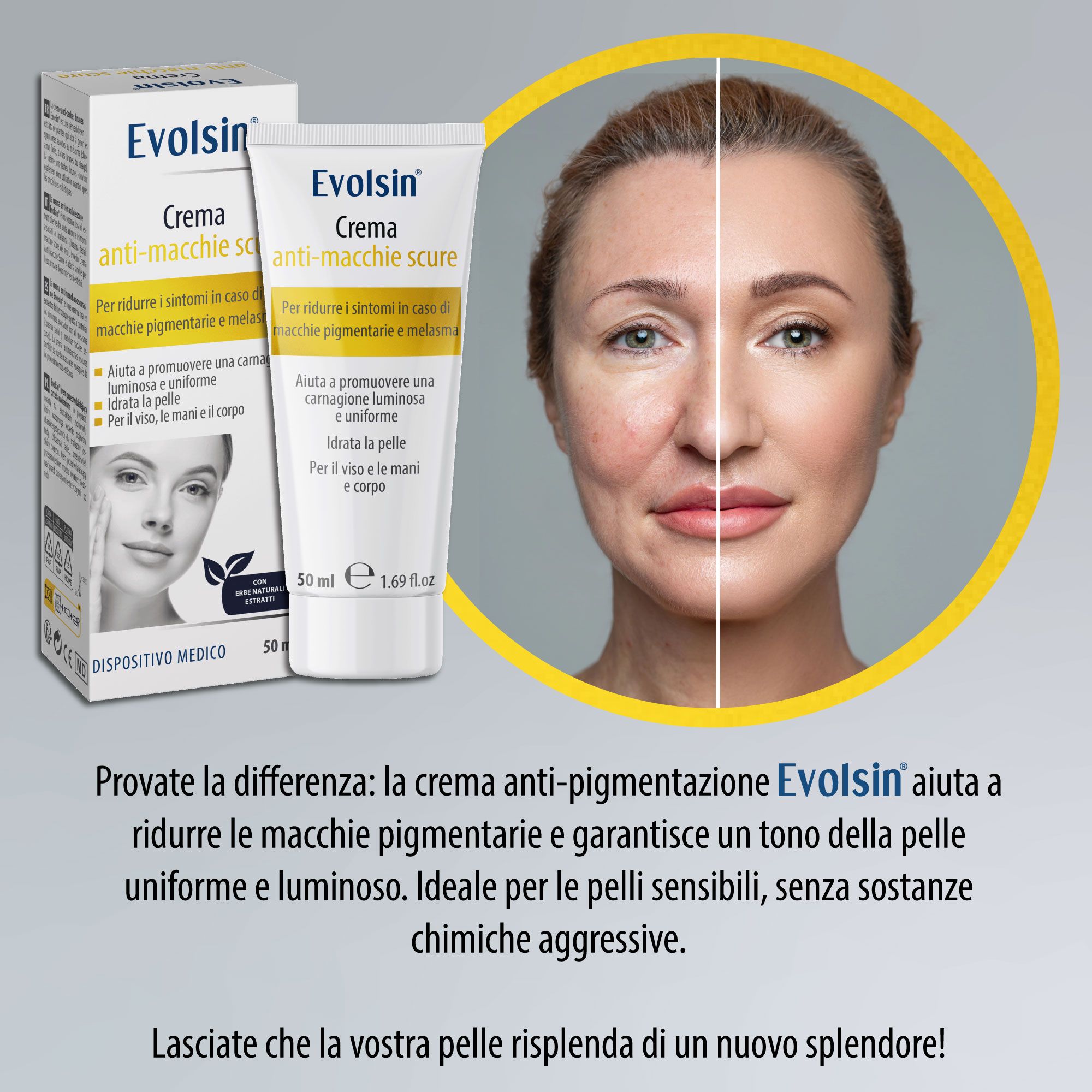 Immagine del prodotto ed esempi di pelle. Testo: EVOLSIN® Crema anti-macchie scure. Per macchie, melasma, macchie dell'età.