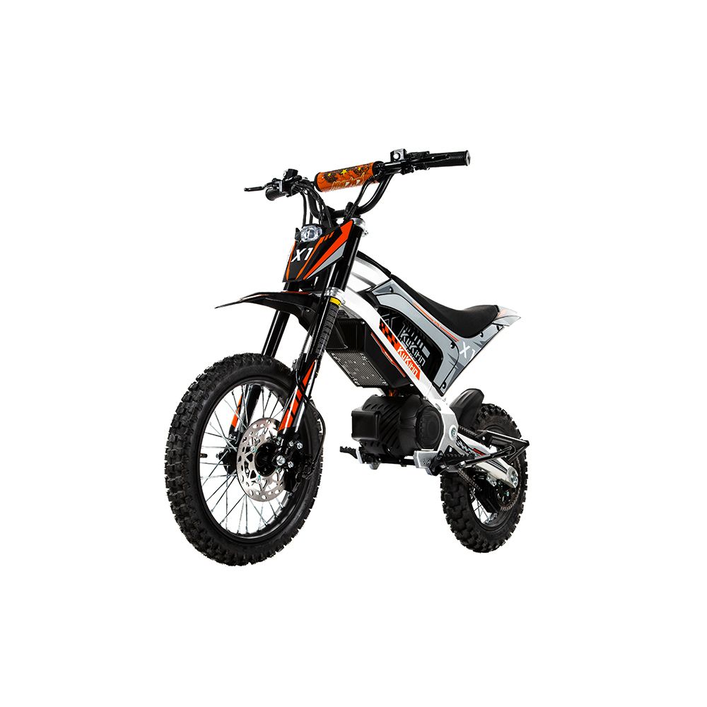 Elektrisches Offroad-Motorrad, Frontansicht. Schwarz, orange und silber. Marke: KUKIRIN. X1-Logo sichtbar.