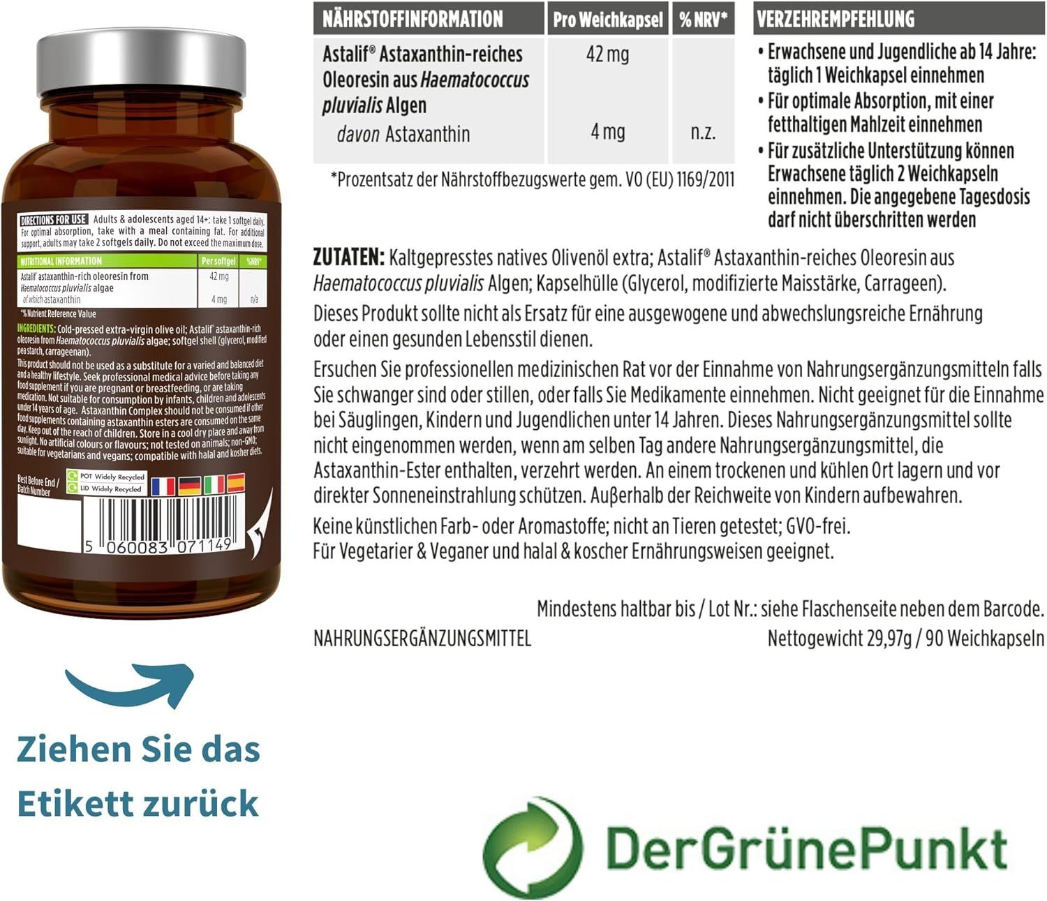 Braune Flasche mit Kapseln. Text: Nährwertinformationen. Zutaten, Verzehrempfehlung. Vegan, glutenfrei, ohne Milchprodukte, ohne Hefe.