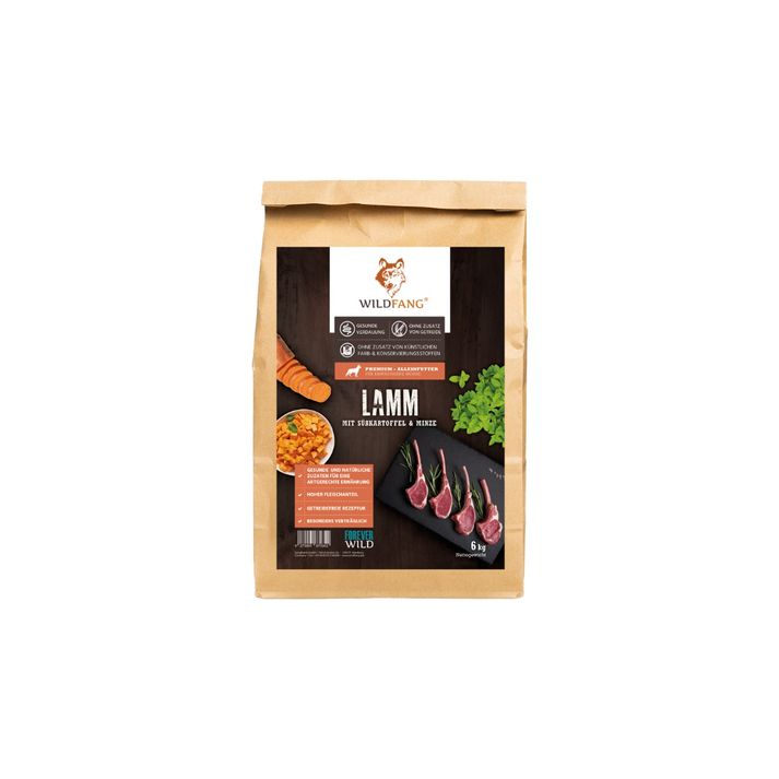 Beutel WILDFANG® Lamm-Hundefutter. Aufdruck: Lamm mit Süßkartoffel & Minze, 6 kg. Abbildung von Lammkoteletts.