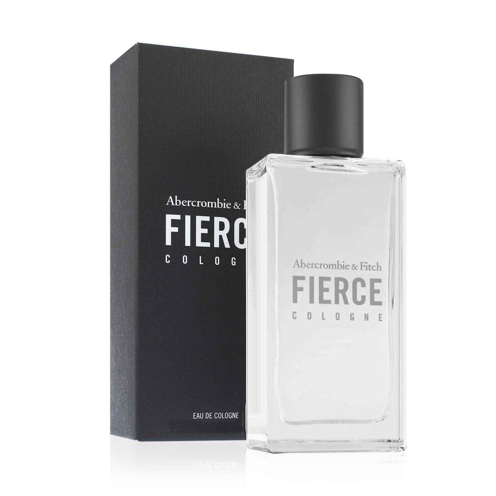 Flasche und Schachtel von Abercrombie & Fitch Fierce Cologne. Rechteckige Flasche mit schwarzem Deckel. Schwarze Schachtel mit Logo.