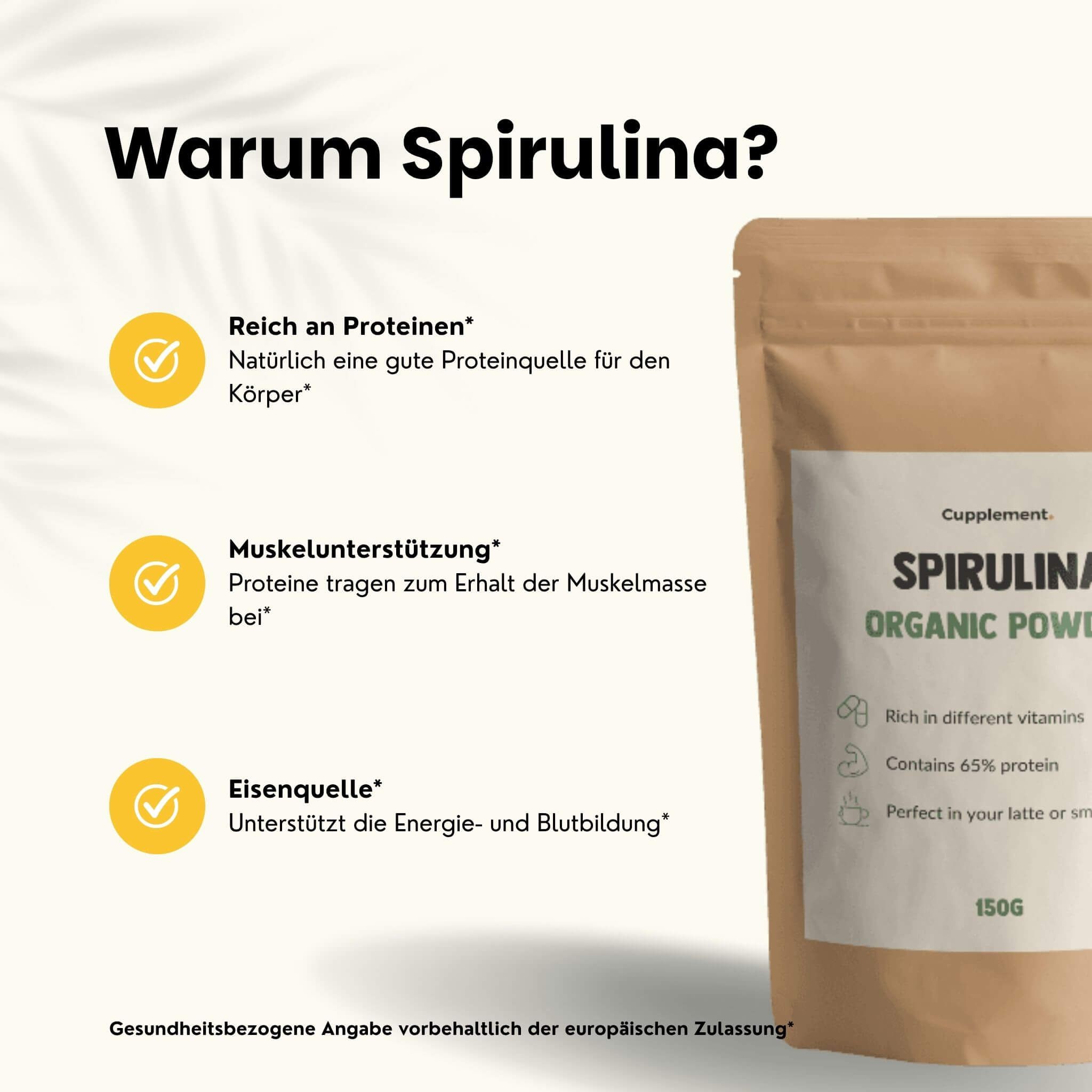 Beutel Cupplement Spirulina BIO. Braune Verpackung mit weißem Etikett. 150g. Reich an Proteinen, Muskelunterstützung.