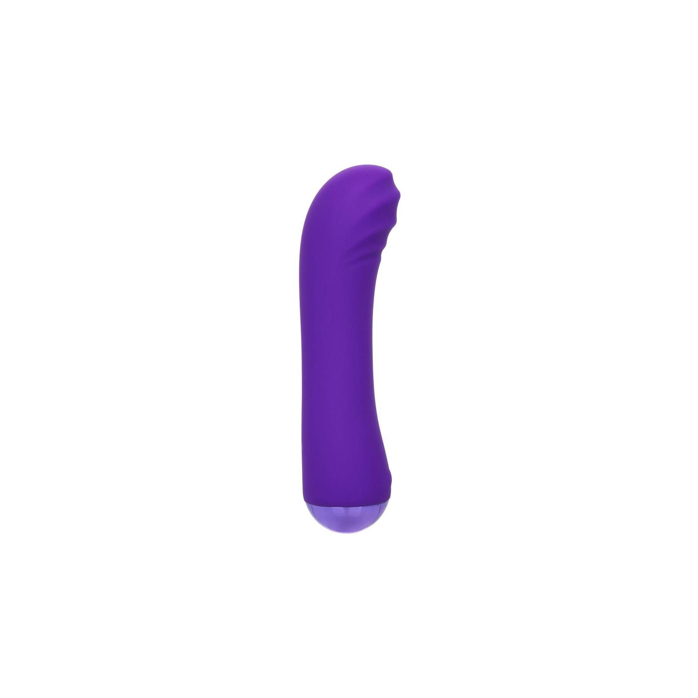 Lila Vibrator mit geriffelter Oberfläche. Gebogene Form mit abgerundeter Spitze und Basis.