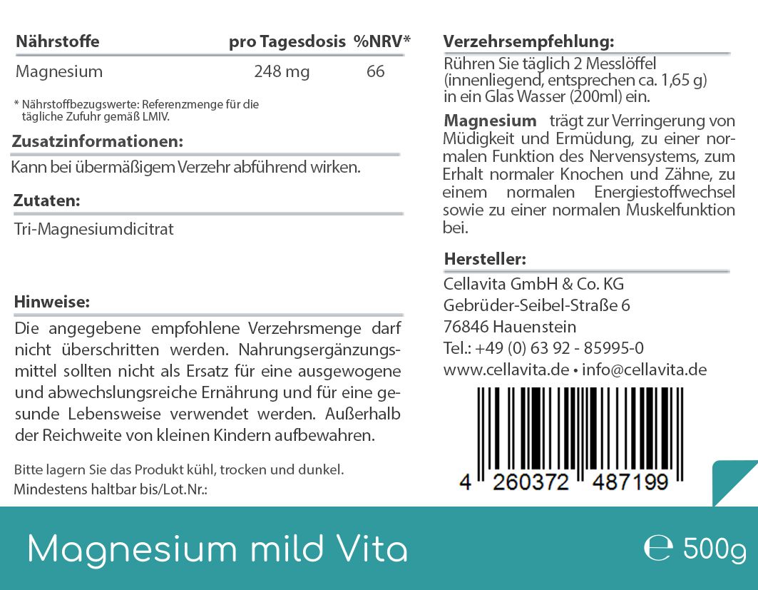 Nährwertangaben für Magnesium mild Vita, 500g. Enthält Tri-Magnesiumdicitrat.