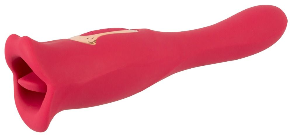 Rosa Vibrator mit Lippenform. Goldfarbene Bedienelemente. Zungenförmige Aussparung. Längliche Form.