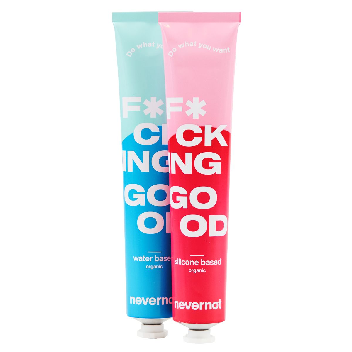 Zwei Tuben nebeneinander. Türkis und pinkfarben mit weißem Text. Aufschrift: F*CKING GOOD. Marke: nevernot. Wasser- und silikonbasiert.