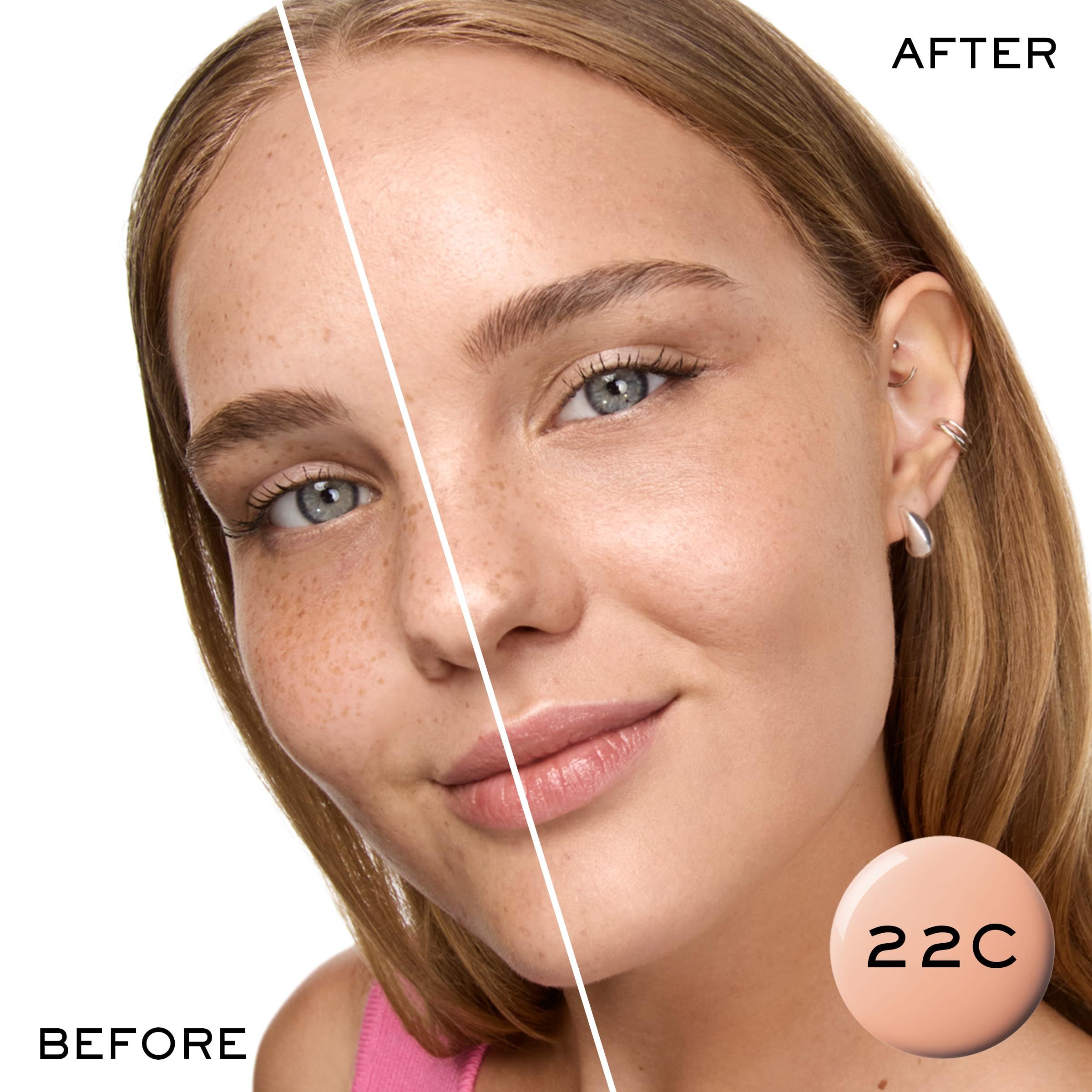 Vorher-Nachher-Vergleich. Frau mit Hautton 22C. Text: 22C. Vorher-Nachher-Vergleich. Haut wirkt ebenmäßiger.