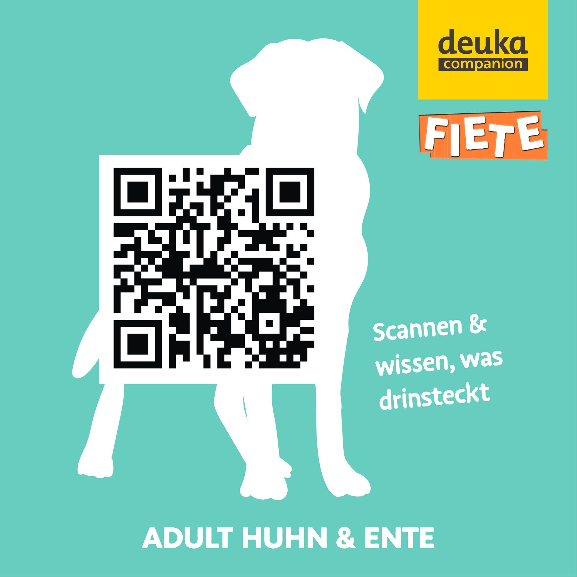 QR-Code auf Hundesilhouette. Text: Scannen & wissen, was drinsteckt. Logo: deuka companion. FIETE Adult Huhn & Ente. Hintergrund: Türkis.