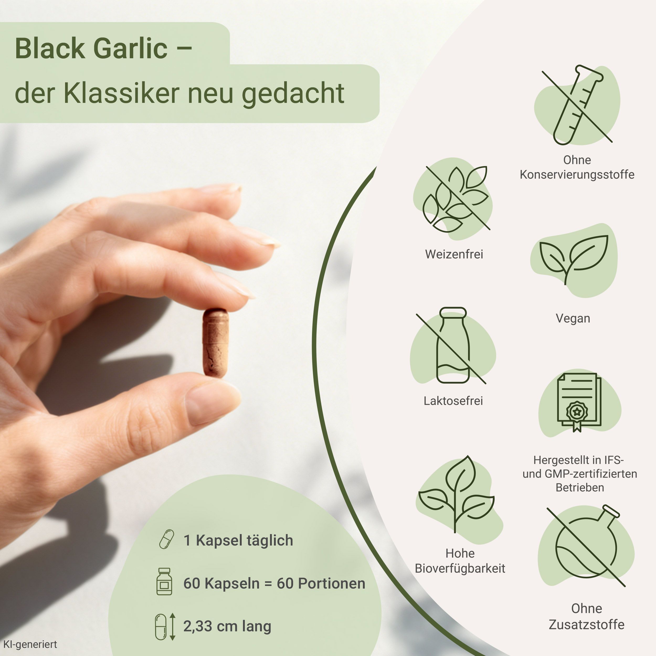 Nahaufnahme einer Kapsel Schwarzer Knoblauch Plus, mit Icons für Inhaltsstoffe und Siegel.