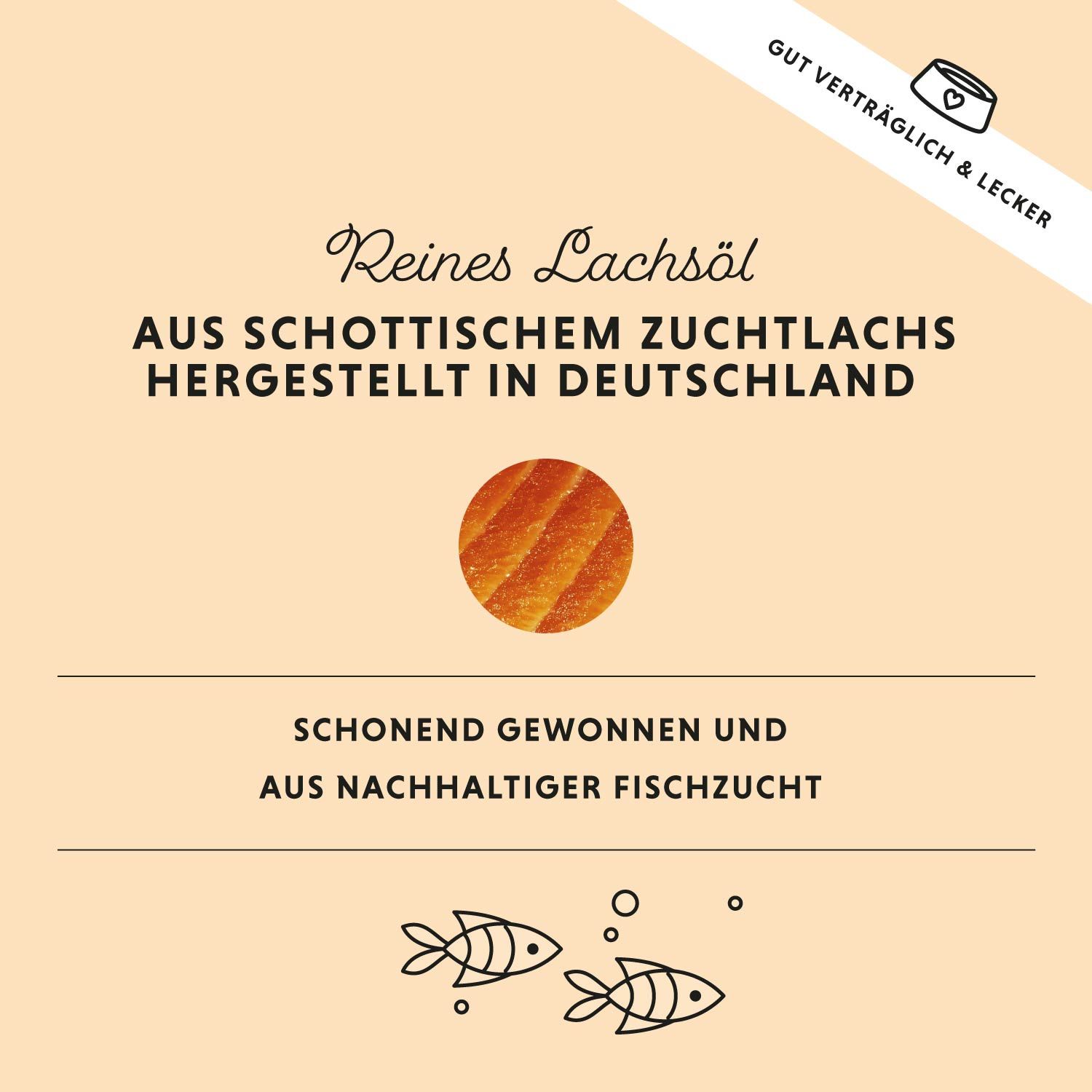 Text: Reines Lachsöl aus schottischem Zuchtlachs hergestellt in Deutschland. Schonend gewonnen und aus nachhaltiger Fischzucht.
