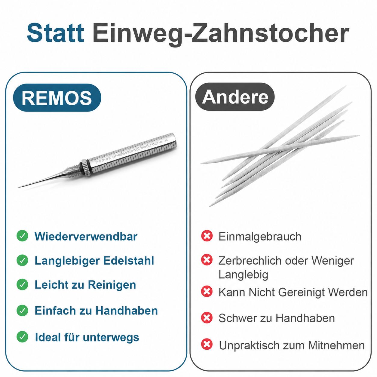 REMOS Edelstahl-Zahnstocher: Wiederverwendbar, langlebig, leicht zu reinigen und ideal für unterwegs.
