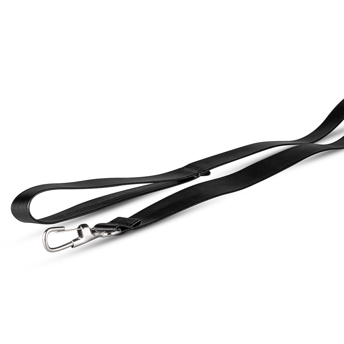 Schwarze Leder-Fessel mit Metall-Karabinerhaken.