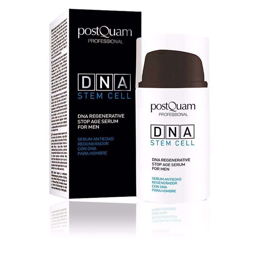 Weiße Flasche mit braunem Deckel und schwarzer Verpackung. Aufschrift: DNA Stem Cell, Stop Age Serum für Männer.