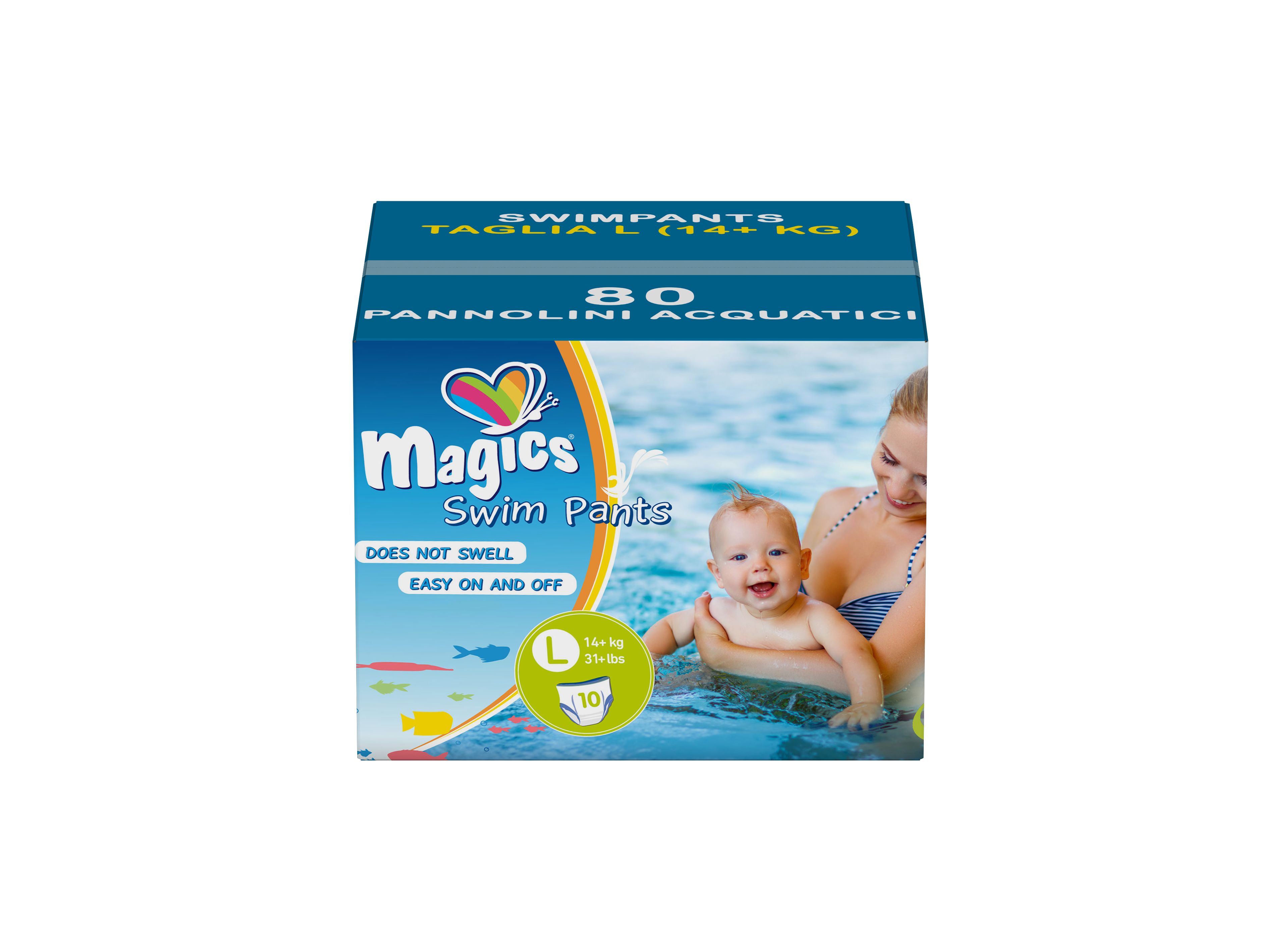 Confezione di pannolini da bagno Magics. Taglia L (14+ kg). 80 pezzi. Bambino in acqua con la madre.