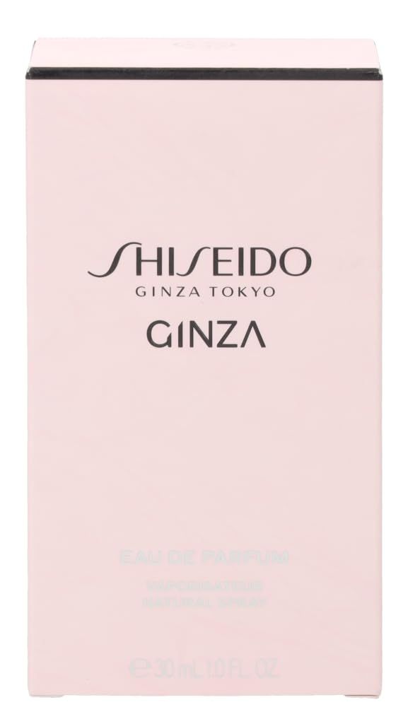 Rosa Verpackung mit Logo und Schriftzug. Text: Eau de Parfum, Natural Spray. Marke: Shiseido Ginza.