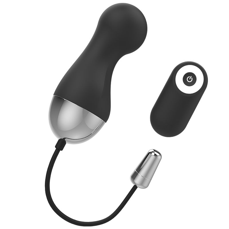 Schwarzes Ei mit Fernbedienung und Kegel. Silberfarbene Akzente. Kabelverbindung. Auf weißem Hintergrund.