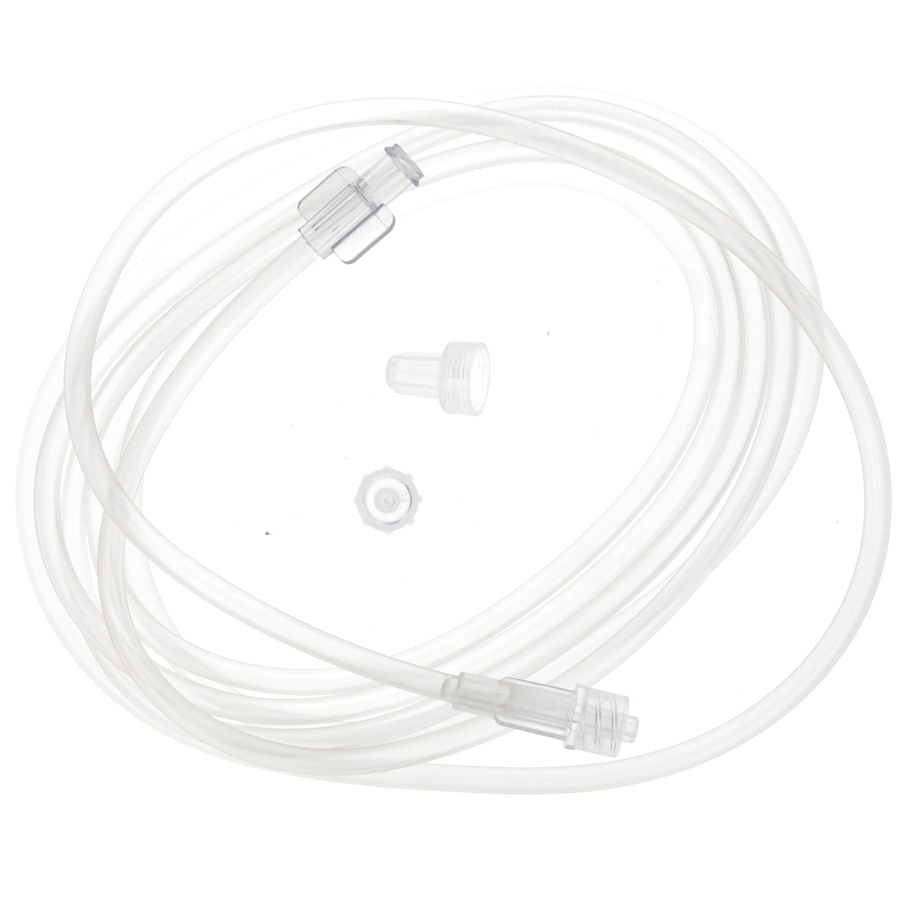 Transparente Verlängerungsschläuche mit Anschlüssen. Einzelteile liegen daneben. Medizinprodukt.