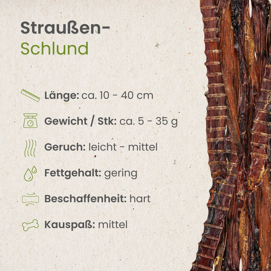 Getrocknete Straußenrachen-Streifen mit gerippter Oberfläche, auf einem hellen Hintergrund.