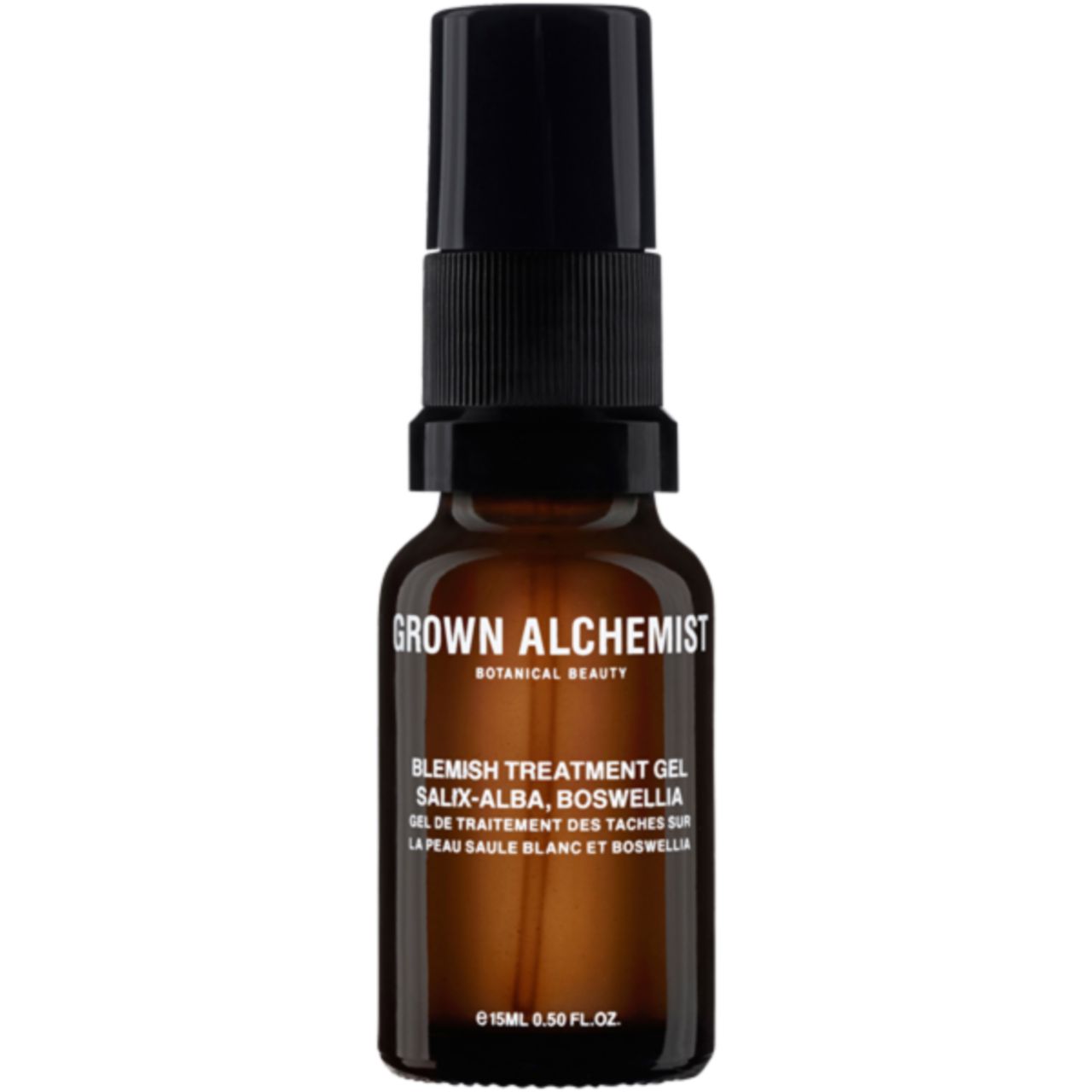 Braune Glasflasche mit schwarzem Sprühkopf. Aufschrift: Grown Alchemist, Blemish Treatment Gel. Text in Englisch und Französisch.