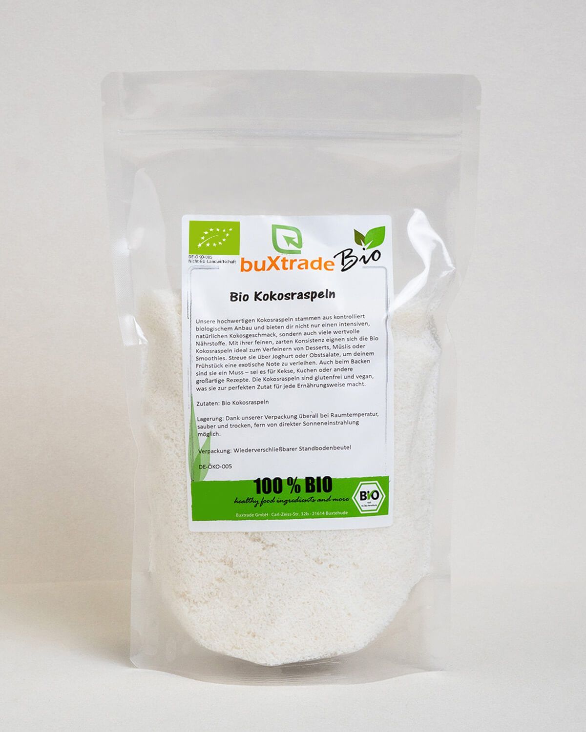 Verpackung mit buXtrade Bio Kokosraspeln, 100% Bio-Siegel.