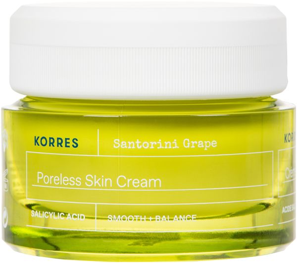 KORRES Santorini Grape Porenverfeinernde Creme. Grünes Glas, weißer Deckel. Produktname und Marke sichtbar.