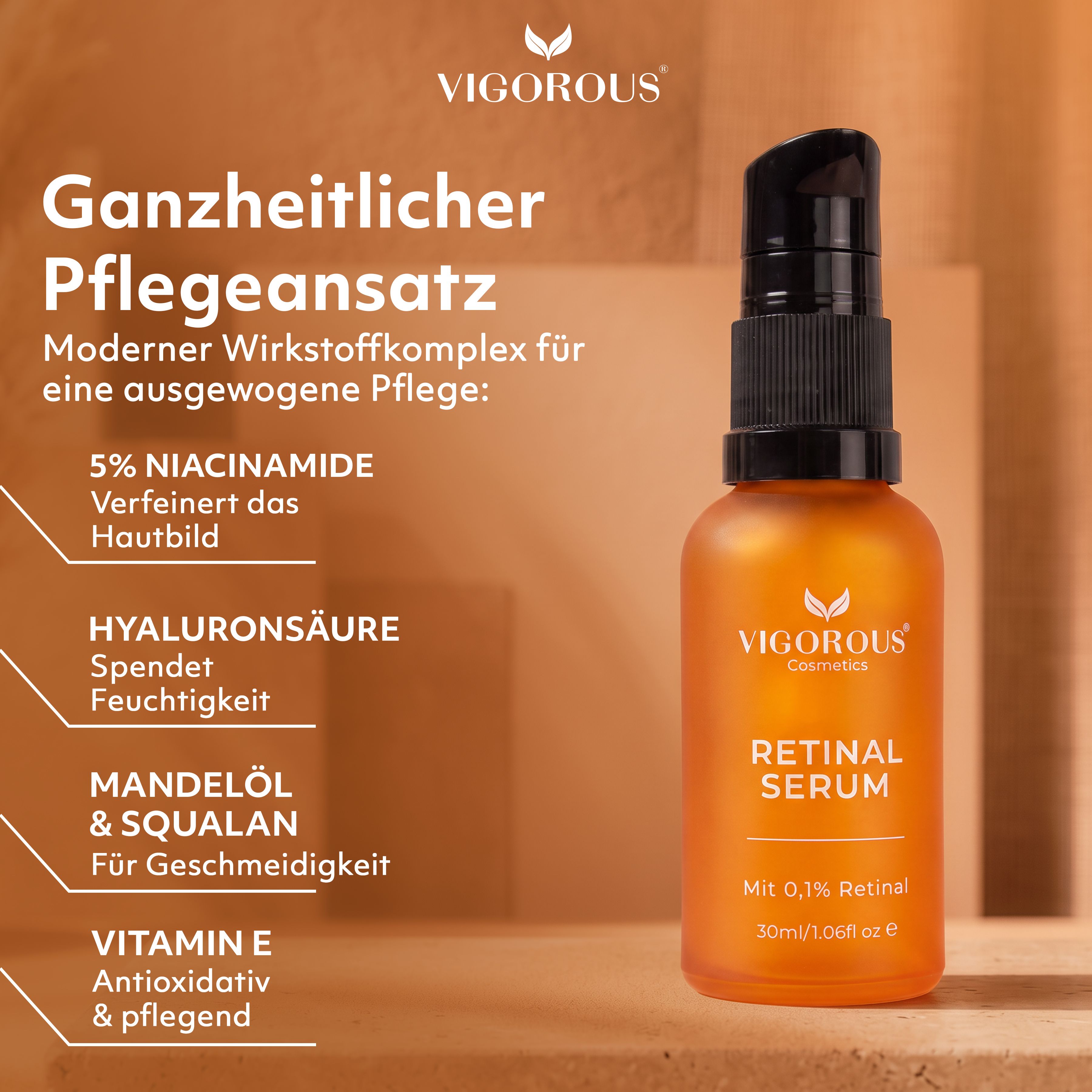 Vigorous Retinal Serum Flasche mit Pumpspender. Inhaltsstoffe: Niacinamid, Hyaluronsäure, Mandelöl, Vitamin E.