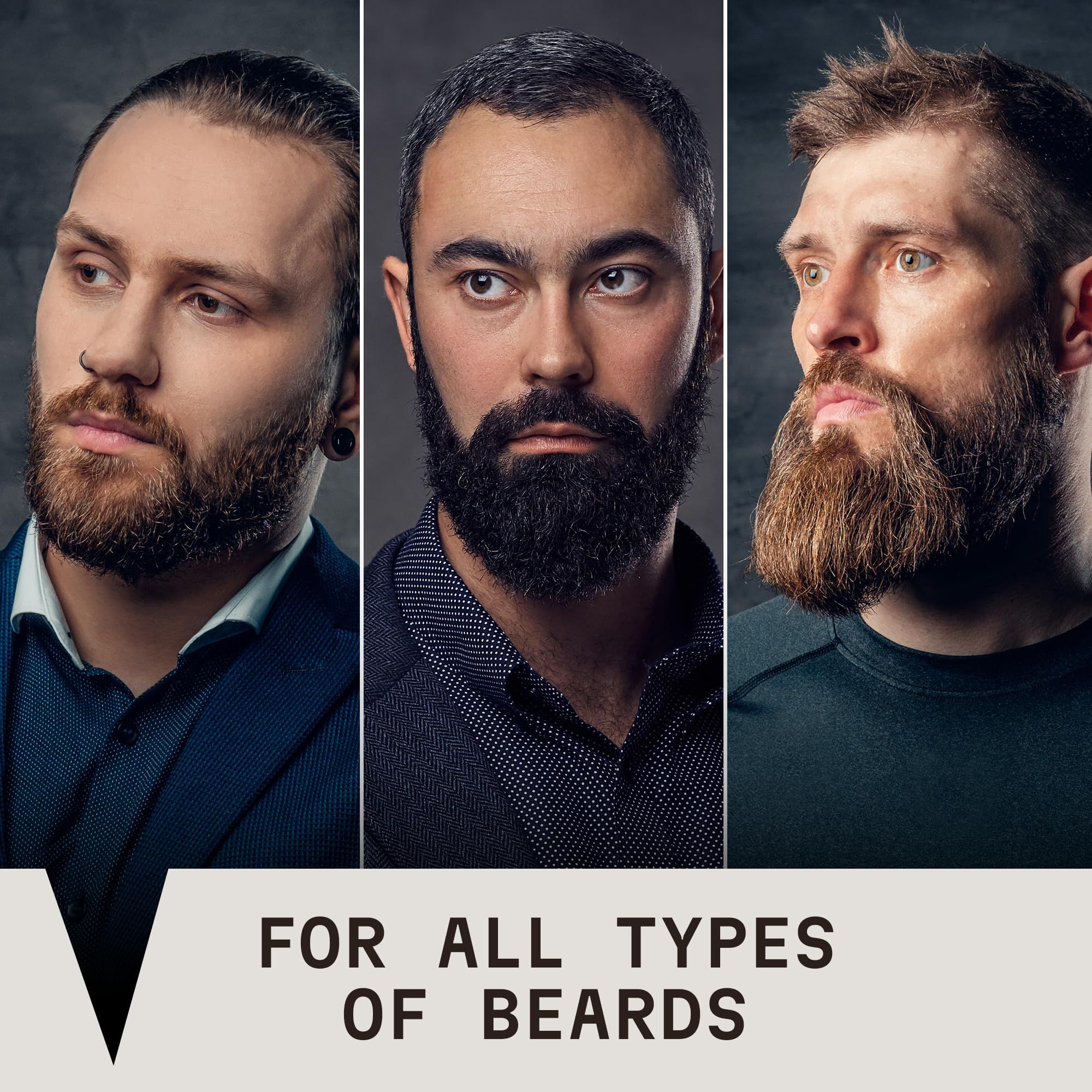 Collage von drei Männern mit verschiedenen Bartstilen, mit der Aufschrift 'FOR ALL TYPES OF BEARDS'.