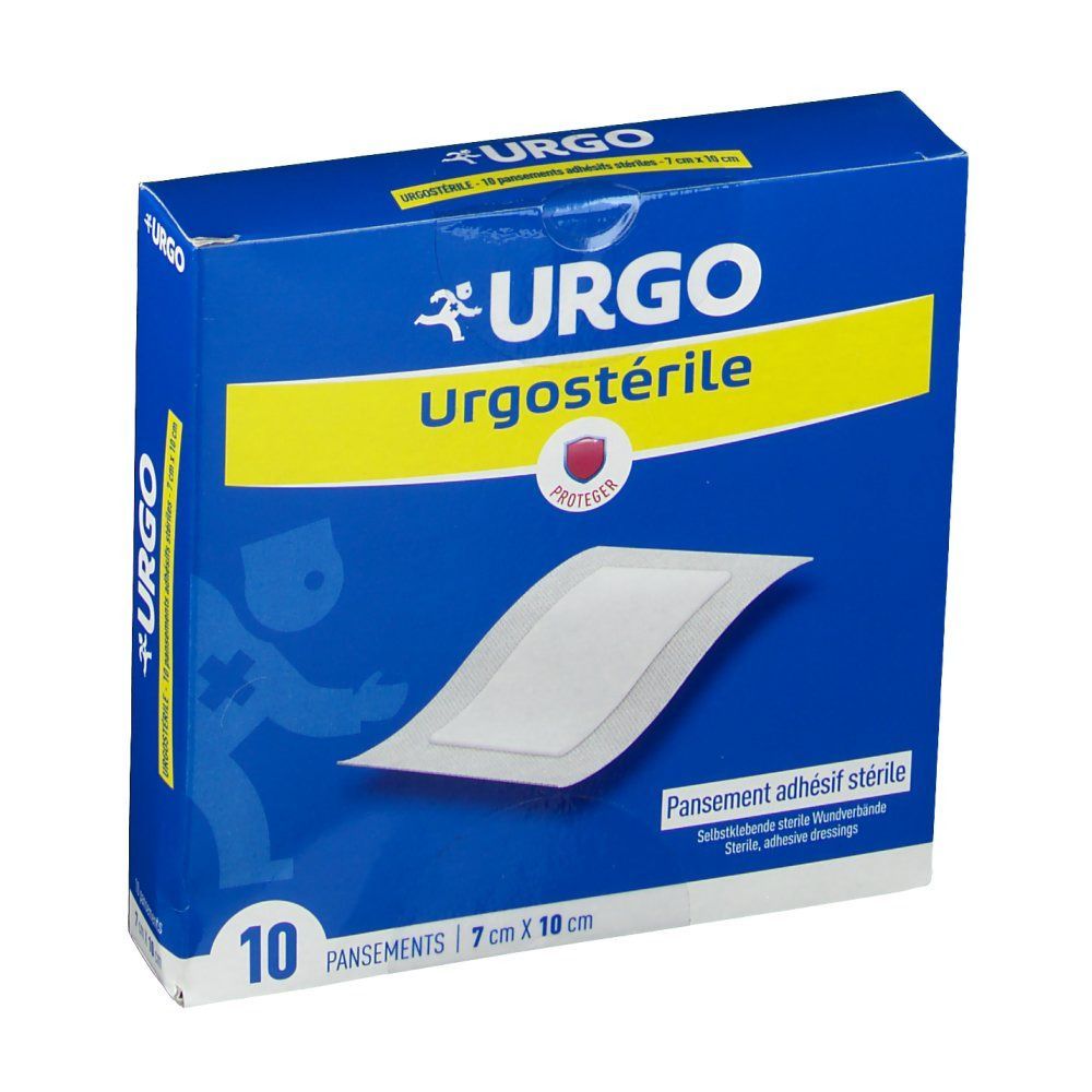 Urgosterile-Packung mit 10 Pflastern, 7 cm x 10 cm. Blaue Schachtel mit gelbem Banner und Produktnamen. Ein Pflaster ist sichtbar.