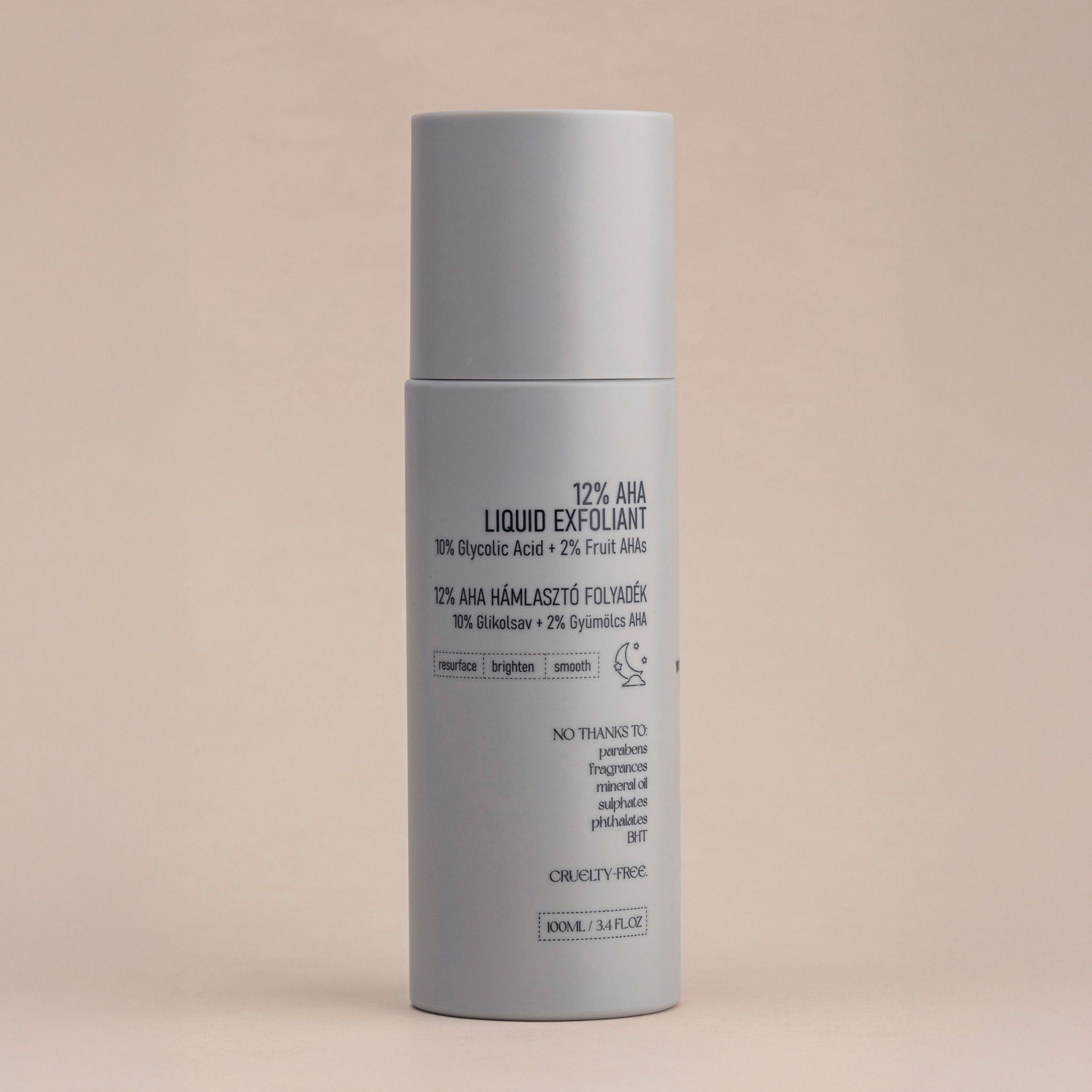 Flasche 12% AHA Liquid Exfoliant, mit Text und Symbolen.