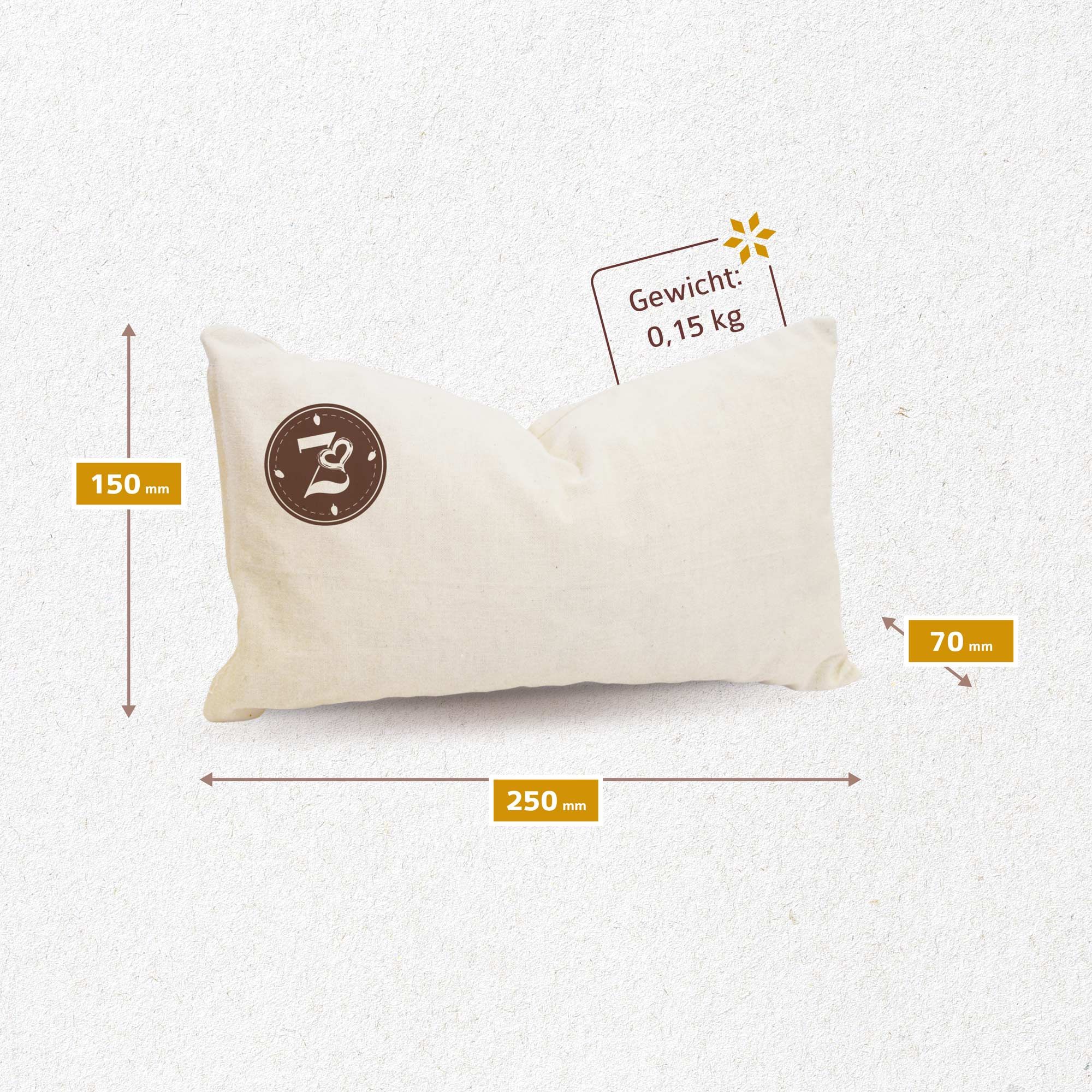 Beige ZirbenKissen, Maße 250x150x70mm. Gewicht 0,15 kg. Logo mit „Z“.