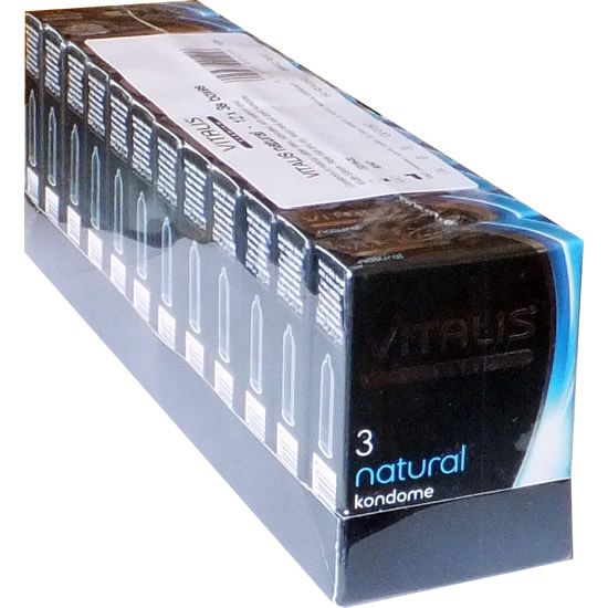 Confezione nera con logo Vitalis e scritta "3 natural kondome". Contiene preservativi.