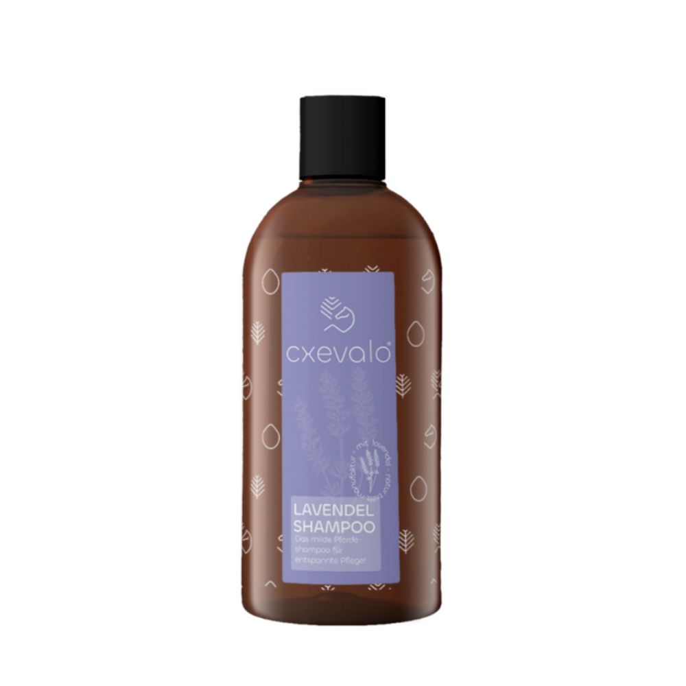Braune Flasche mit schwarzem Deckel. Aufkleber mit Logo und Schriftzug "Lavendel Shampoo".