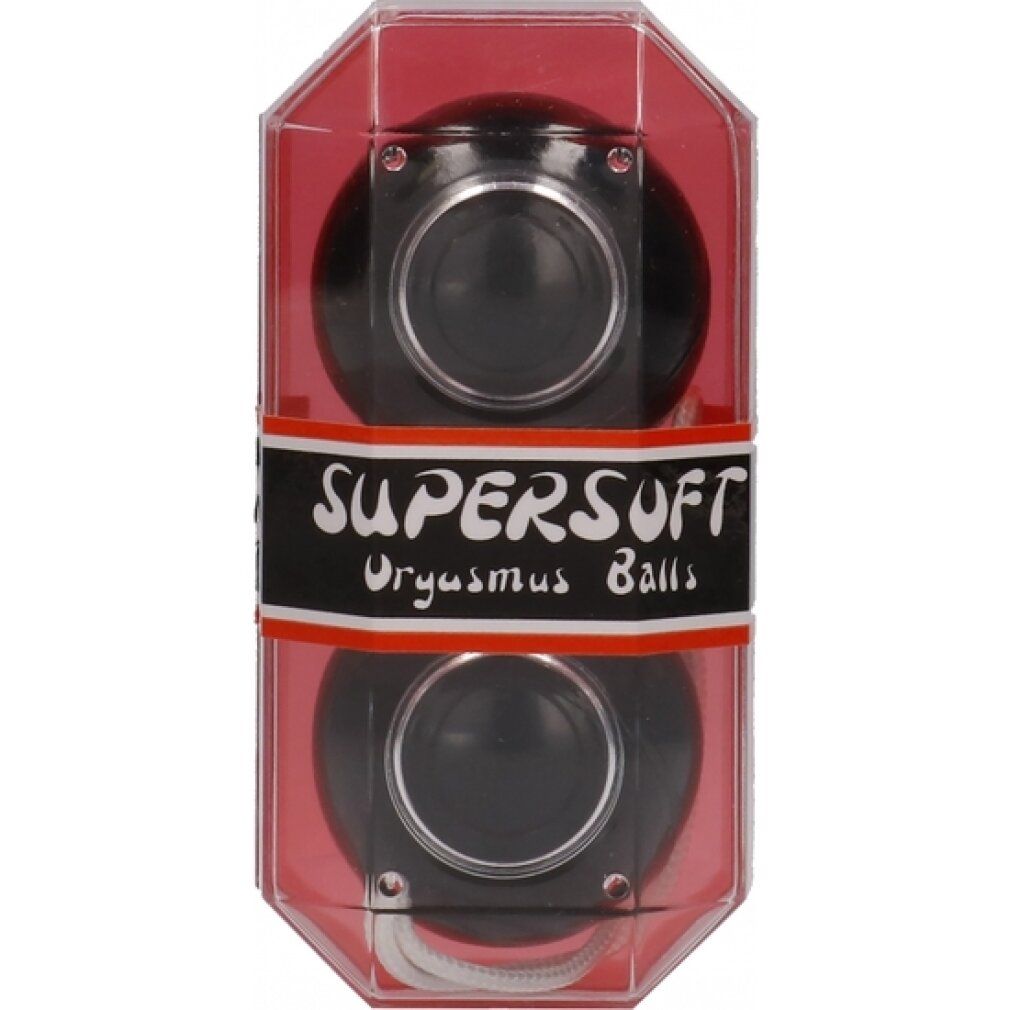 Produktverpackung mit zwei schwarzen Kugeln. Aufschrift: SUPERSOFT Orgysmus Balls.