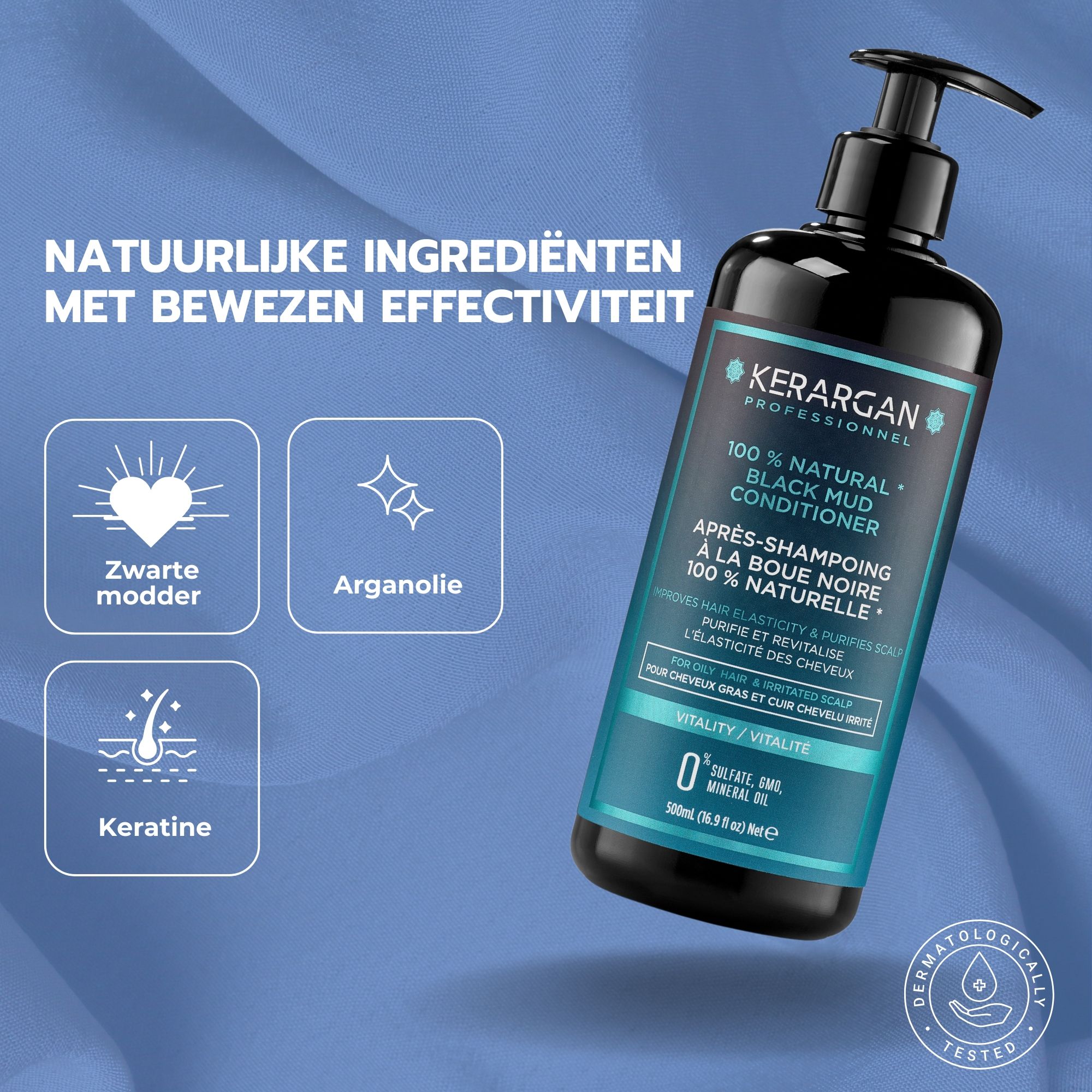 Handen houden een fles Kerargan Conditioner vast. Tekst: Voedt & zuivert, diepe hydratatie, tegen vet haar, elasticiteit wordt hersteld.