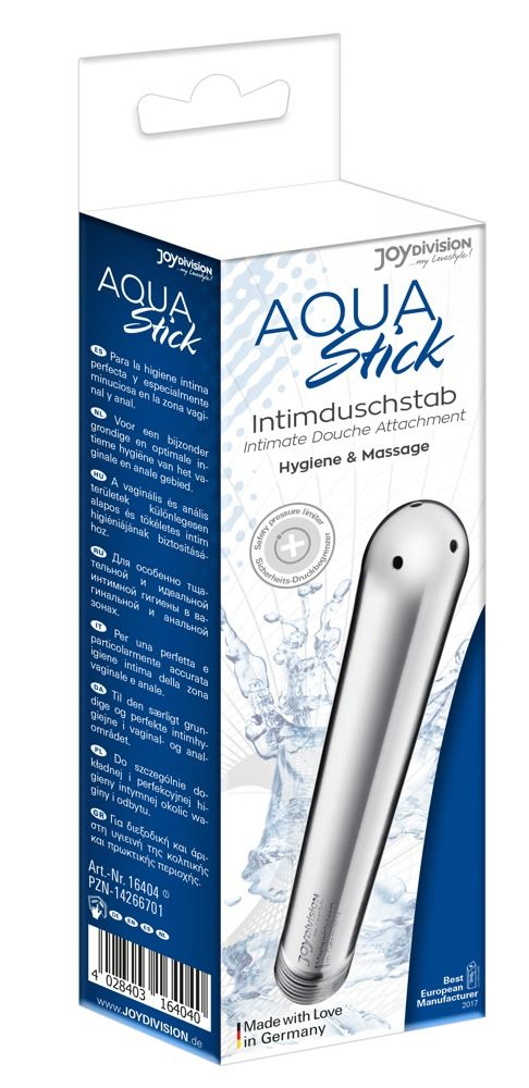 Verpackung der Intimdusche AQUAstick. Blau, mit Text in mehreren Sprachen. Produktname und Marke sind sichtbar.