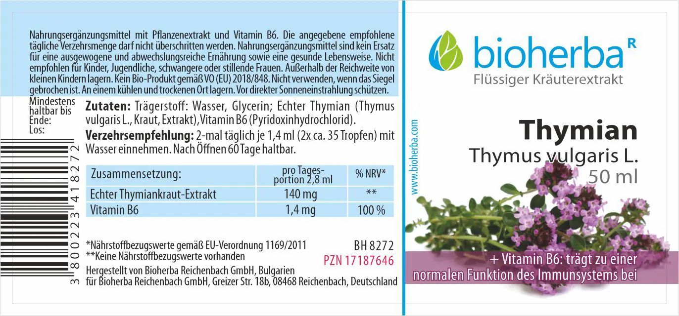 Etikett mit Produktinformationen. Enthält Produktnamen, Inhaltsstoffe, Dosierung und Markenlogo.