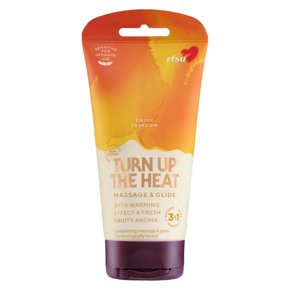 RFSU 3in1 "Turn up the Heat" Gleitmittel. Die Tube hat eine orange-gelbe Farbgebung mit einem lila Deckel. Auf der Tube steht "Massage & Glide" mit einem wärmenden Effekt und fruchtigem Aroma. Es ist gynäkologisch getestet und für den intimen Gebrauch bestimmt.