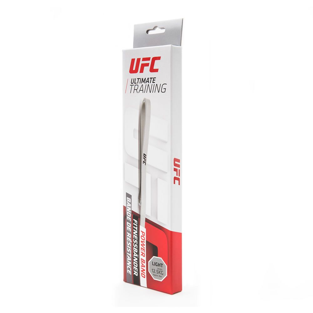 UFC Power Band in Verpackung. Weißer Karton mit UFC-Logo und Produktbezeichnung. Aufdruck: 'LIGHT'.