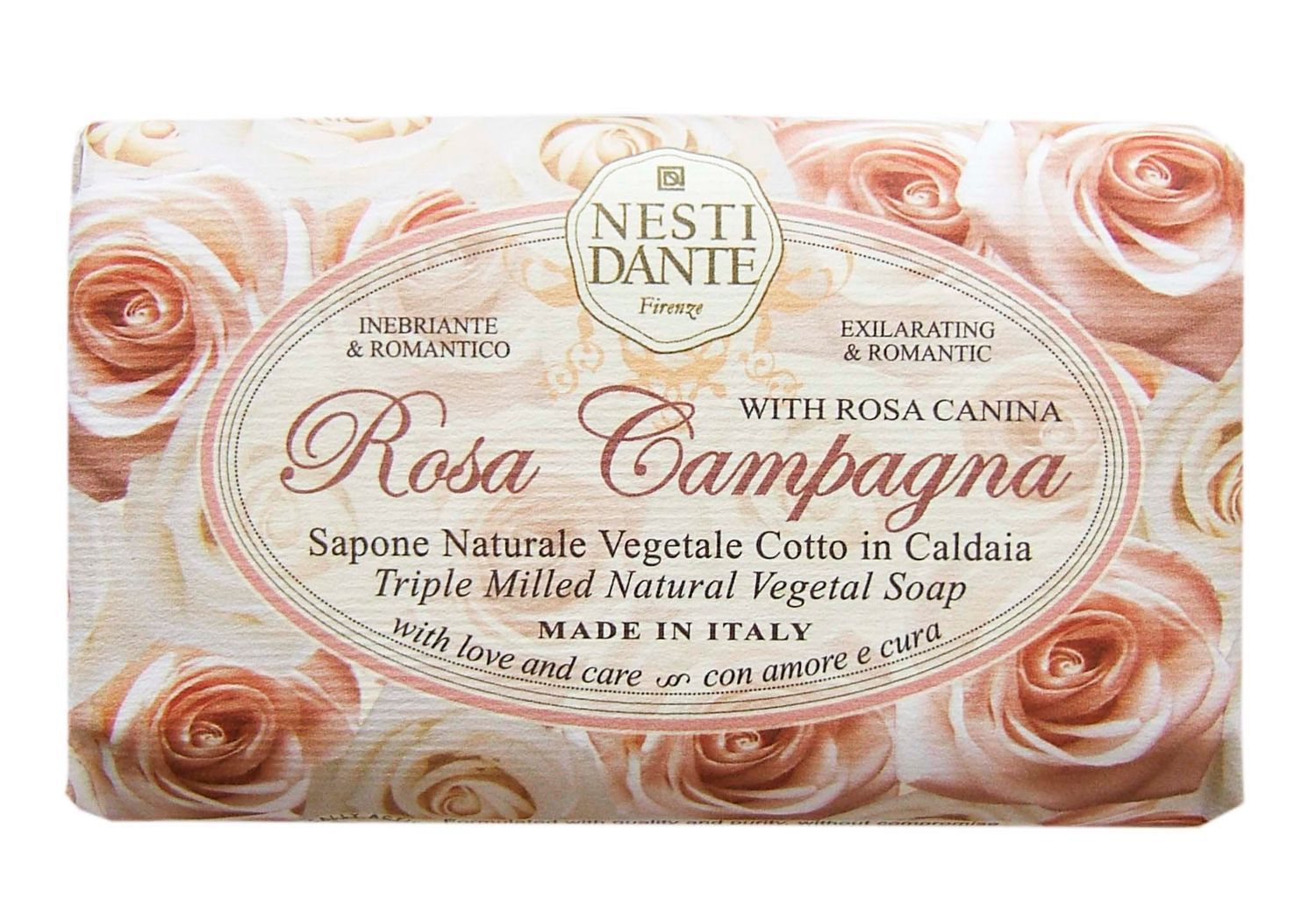 Seife mit Rosenmuster. Ovales Etikett mit Schriftzug Rosa Campagna, Marke Nesti Dante. Text: Triple Milled Natural Vegetal Soap.
