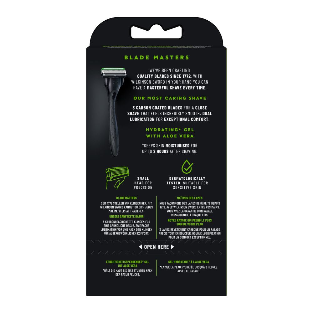 Rückseite der Verpackung des Wilkinson Sword Hydro 3 Rasierers mit Produktinformationen.
