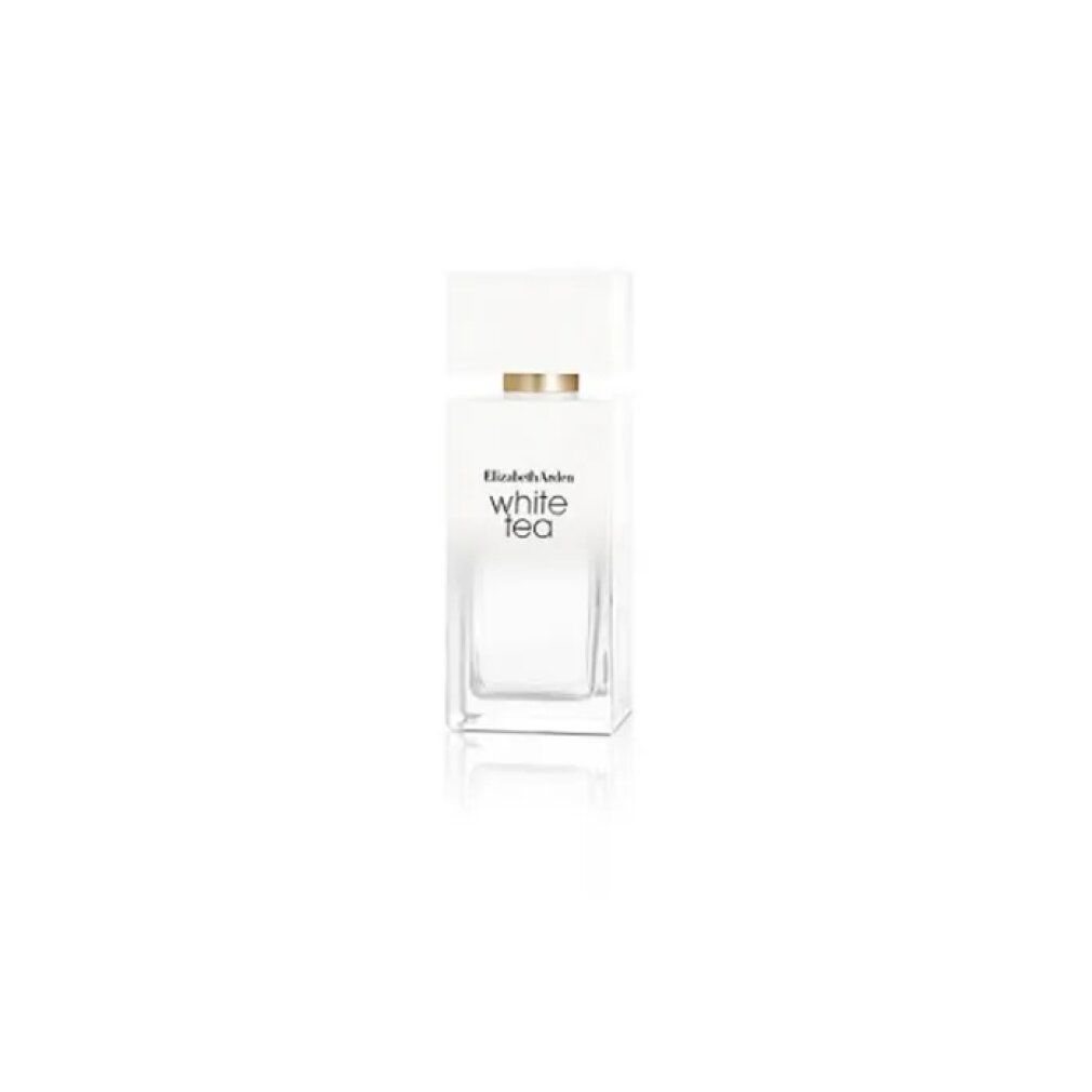 Transparenter Flakon mit weißem Deckel und goldfarbenem Ring. Aufschrift: Elizabeth Arden White Tea.
