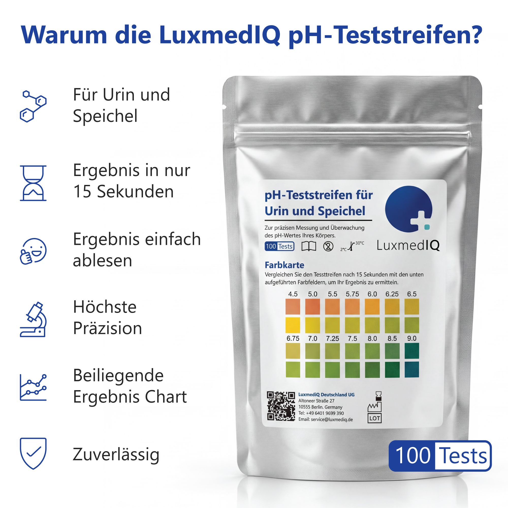 Silberne Beutel mit pH-Teststreifen für Urin und Speichel. Farbtabelle. LuxmedIQ. 100 Tests. Ergebnisse in 15 Sekunden.