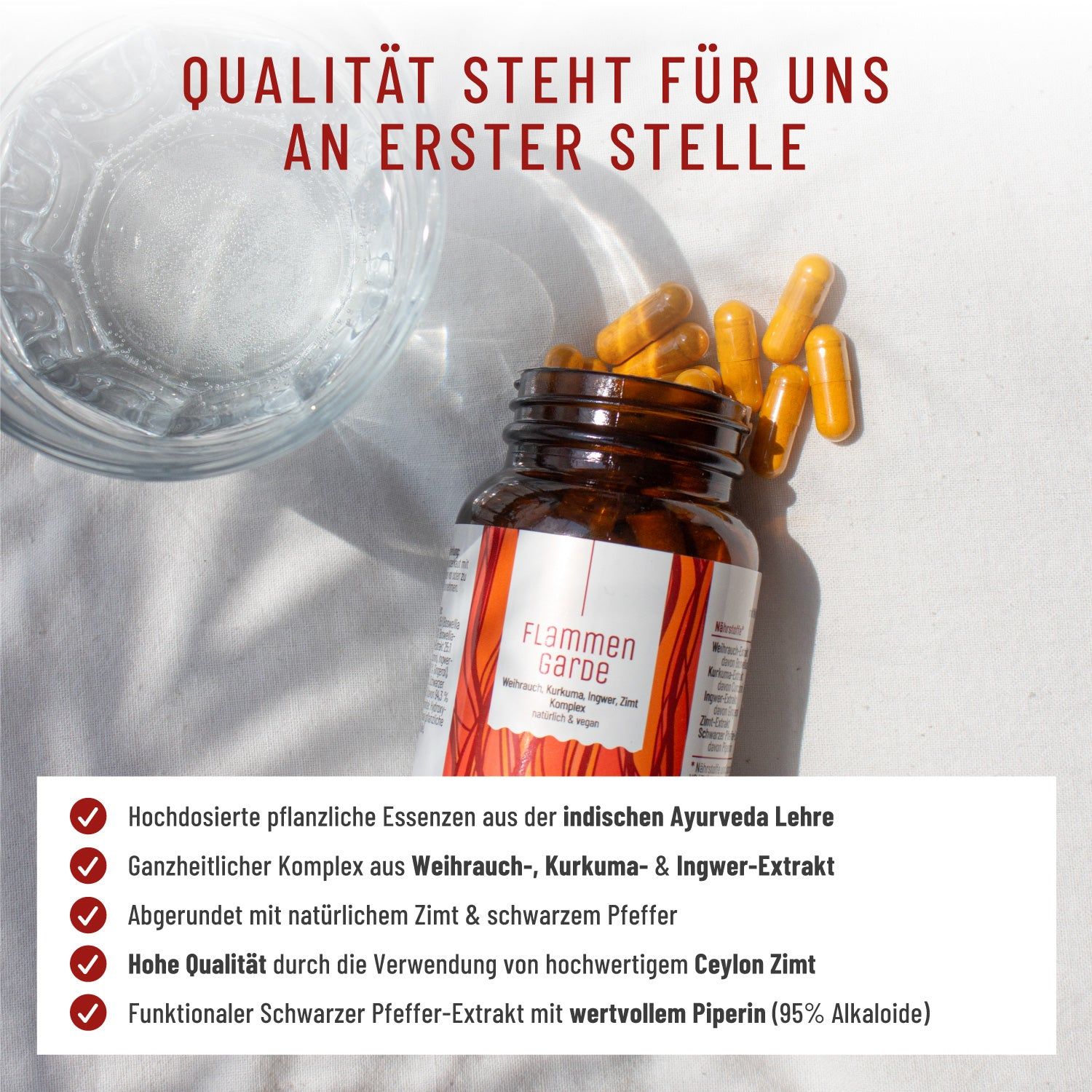 Glas mit Wasser, Flasche mit Kapseln. Text: Flammengarde. Qualität steht für uns an erster Stelle. Checklisten mit Produktinformationen.