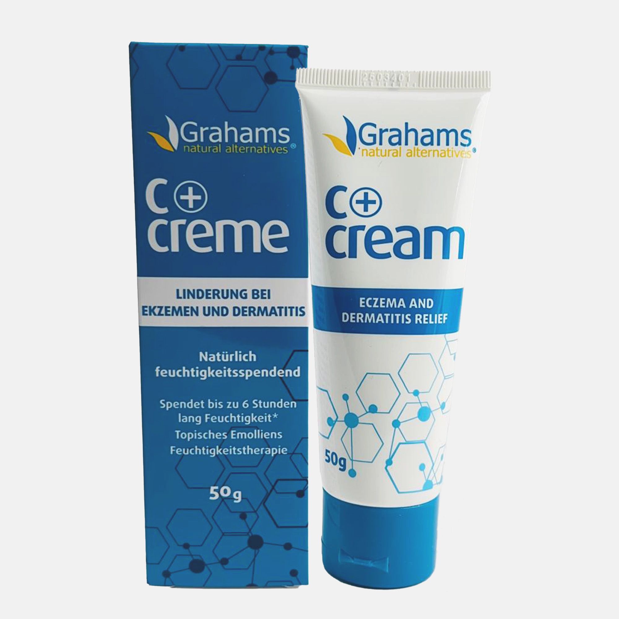 C+ Creme Tube und Schachtel. Aufschrift: Linderung bei Ekzemen und Dermatitis. Natürliche Feuchtigkeitsspende. 50g.